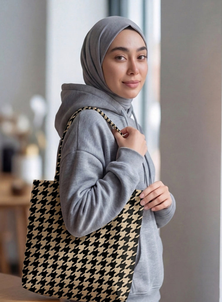 Printed - Beige Houndstooth Tote Bag Trendy Home