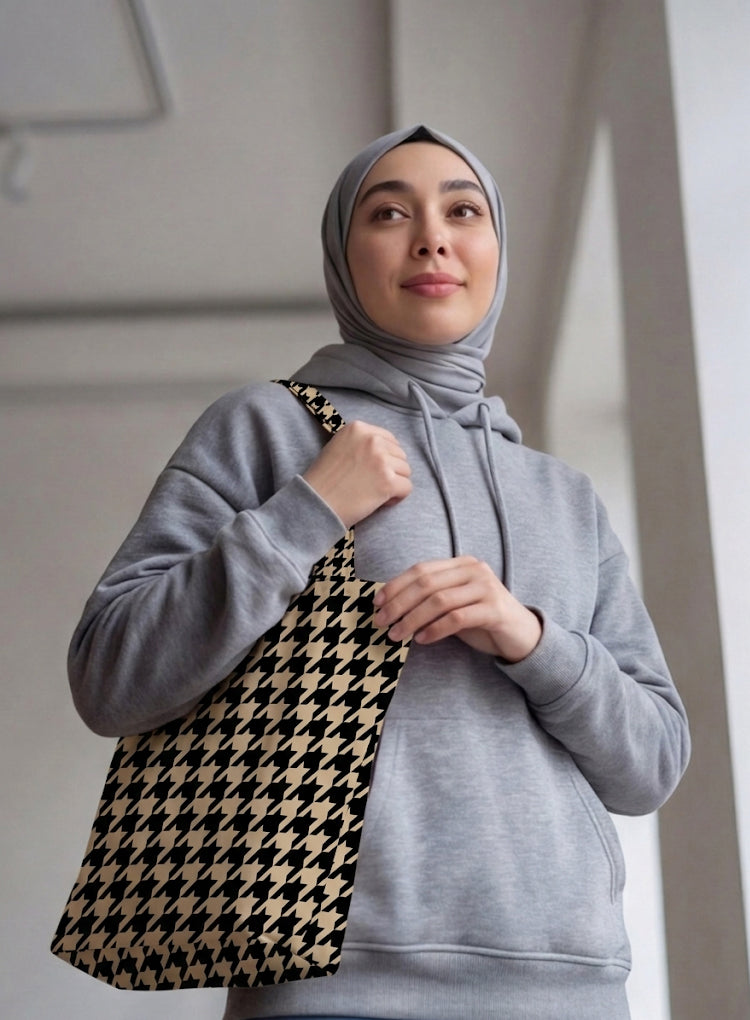 Printed - Beige Houndstooth Tote Bag Trendy Home