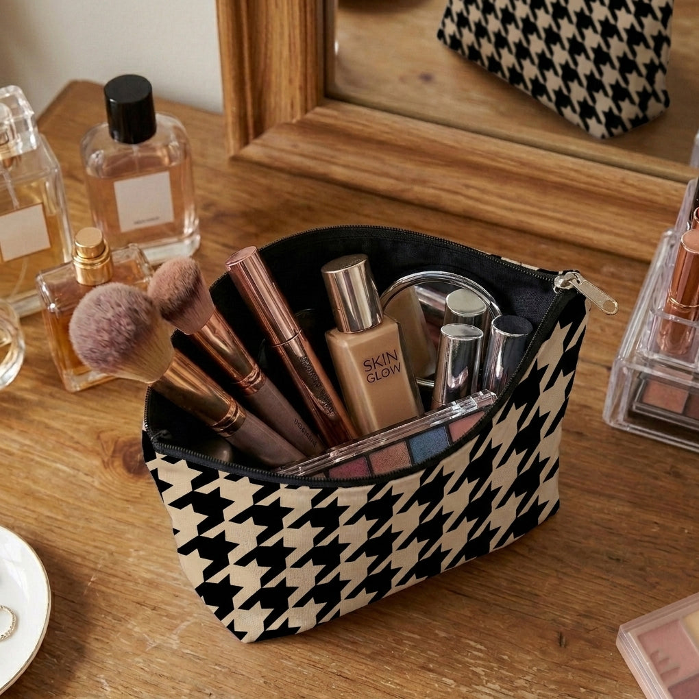 Printed - Beige Houndstooth Cosmetic Pouch Trendy Home